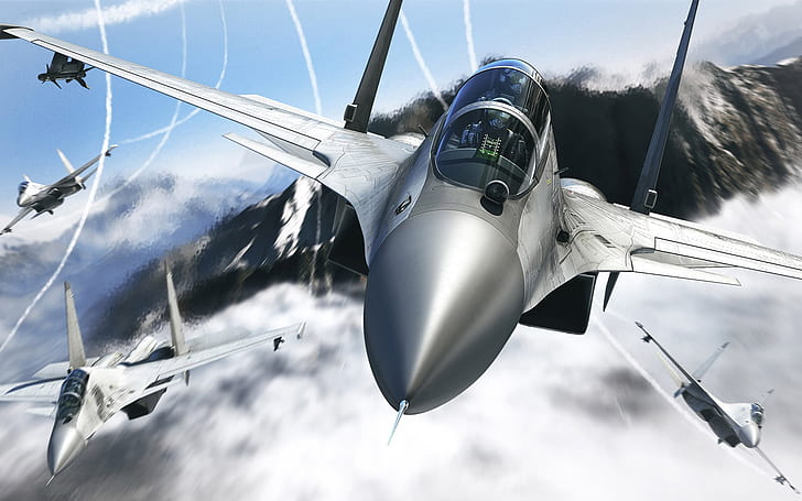 Débit d'air de chasse, avions de chasse en acier inoxydable et gris, Fighter, Air, Flow, Fond d'écran HD