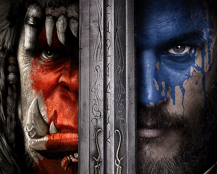 Warcraft 2 poster, Action, Red, Fantasy, Warcraft, Blizzard, Orc, Blue, Legendary Pictures, Wolf, Eyes, Year, EXCLUSIVE, Activision, Knight, Face, Movie, Sword, Film, Clan, Human, Adventure, Atlas, Commander, Travis Fimmel, Warriors, Entertainment, Universal Pictures, Skins, Chieftain, 2016, Durotan, Toby Kebbell, Anduin Lothar, Catch, Oaint, Tusks, Dye, Frostwolf, HD wallpaper