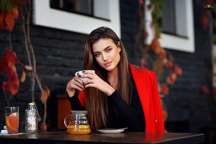 women, model, brunette, portrait, outdoors, looking at viewer, long hair, necklace, painted nails, coffee cup, drinking glass, table, sitting, jacket, red jackets, rings, depth of field, Dmitry Arhar, smiling, red coat, Ksenia, Anastasia Barmina, cafeteria, brown eyes, open coat, HD wallpaper