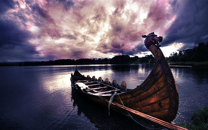 perahu kayu cokelat, Viking, kapal panjang, Wallpaper HD