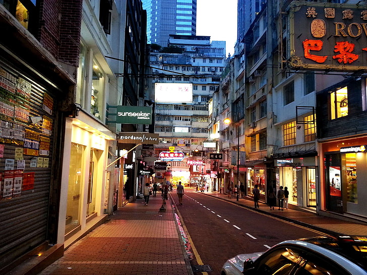 Asia, China, Hong Kong, luces de neón, calle, Fondo de pantalla HD