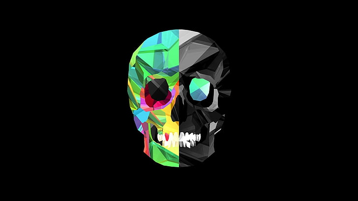 wielobarwna ilustracja czaszki, Justin Maller, fasety, czaszka, czarne tło, sztuka cyfrowa, Tapety HD