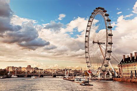 Londra, gökyüzü, İngiltere, göz, thames, şehirler, tekerlek, bulutlar, dönme, manzarası, nehirler, nehir, HD masaüstü duvar kağıdı HD wallpaper