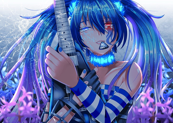female animal character digital wallpaper, heterochromia, Hatsune Miku, long hair, twintails, Vocaloid, guitar, HD wallpaper