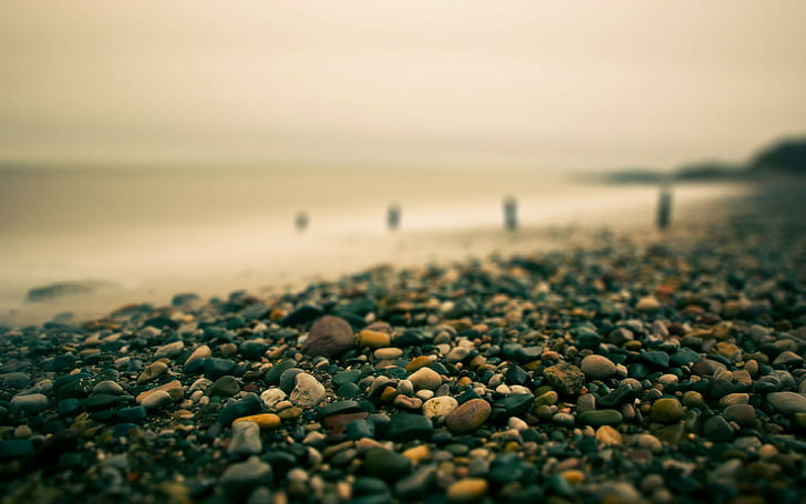 black and white pebbles, close up photography of pebbles on seashore during golden hour, landscape, coast, tilt shift, HD wallpaper