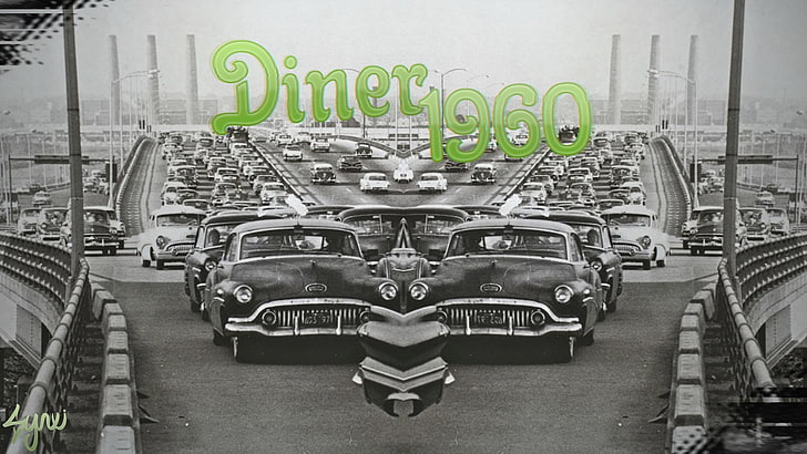 zabytkowe samochody z nakładką tekstową Diner 1960, 1960, restauracja, samochód, autostrada, stary samochód, Tapety HD