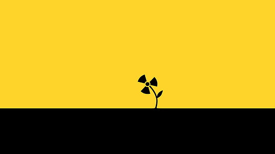 logo biohazard nero e giallo, arte digitale, minimalismo, sfondo semplice e semplice, fiori, piante, foglie, radioattivo, giallo, nero, Sfondo HD HD wallpaper