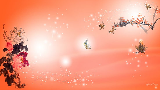 Птицы Бабочки Цветет, бабочка и цветочная иллюстрация, персона Firefox, мандарин, звезды, восточные, оранжевые, дерево, бабочка, блеск, цветы, цветы, HD обои HD wallpaper