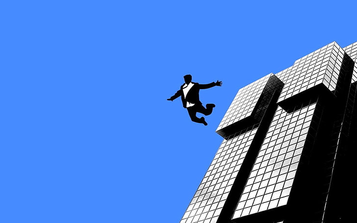 mężczyzna skaczący po budynku clipart, wektor, szaleni ludzie, skoki, niebieskie tło, samobójstwo, proste tło, abstrakcja, budynek, Tapety HD