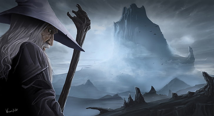 wizard holding staff illustration, mountain, hat, art, the old man, staff, Gandalf, the sorcerer, The Hobbit: The Desolation Of Smaug, Erebor, lonely mountain, HD wallpaper