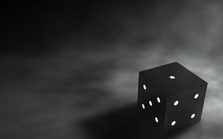 black dice, cube, 3d, graphics, black, gray background, 3d graphics, HD wallpaper