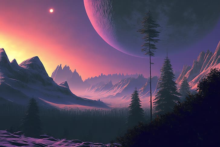 Arte AI, illustrazione, pianeta alieno, alberi, Luna, alba, Sfondo HD