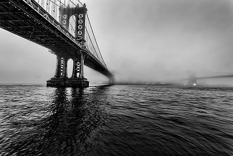 grayscale photograph of Brooklyn Bridge, Stained, grayscale, photograph, Brooklyn Bridge, Architecture, BandW, Brooklyn  City, Cityscape, Clouds, Commons, D750, Fog, Long Exposure, Manhattan, Monochrome, New York, Nikon, Outdoor, Seascape, Sky, Skyline, Tamron, Travel, United States, Urban, Water, Winter, bridge - Man Made Structure, black And White, famous Place, river, suspension Bridge, uSA, HD wallpaper HD wallpaper