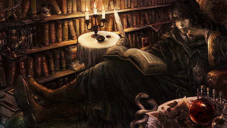 رجل يميل أثناء قراءة الرسم ، الكتاب ، الشموع ، الكتب ، الريش ، المكتبة ، الشاعر ، تاج التنين، خلفية HD