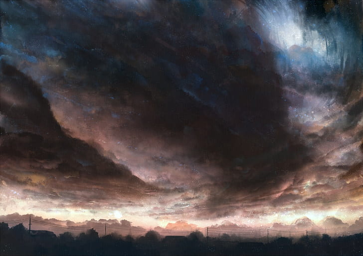 nuages, Cataclysm, art fantastique, peinture, Fond d'écran HD