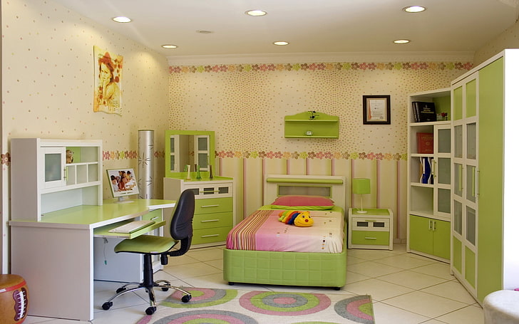 โครงเตียงสีเขียวและผ้าปูเตียงสีชมพู, ห้อง, สไตล์, เด็ก, ตกแต่งภายใน, ห้องนอน, การออกแบบ, วอลล์เปเปอร์ HD
