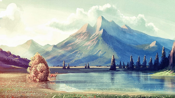 trees, body of water, and mountain, digital art, nature, mountains, artwork, deer, landscape, HD wallpaper