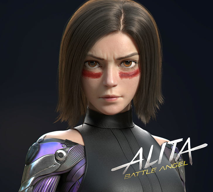 Alita: Battle Angel, Alita, CGI, portrait, simple background, face paint, short hair, HD wallpaper