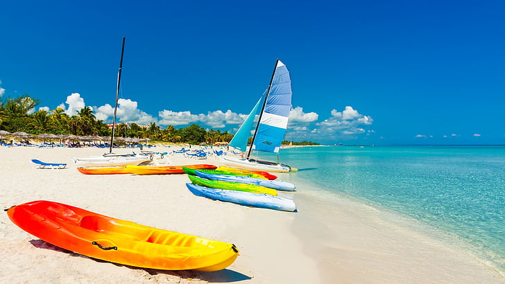 бряг, Куба, Варадеро, ваканция, Карибите, крайбрежие, океан, лодка, пясъчен плаж, синьо небе, ваканция, каяк, плаж, море, водни спортове, небе, лято, HD тапет