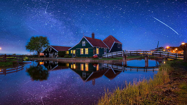 Zaanse Schans, Европа, Холандия, Zaandam, банка, къща, канал, млечен път, звездно небе, вечер, отражение, вода, нощ, звезди, небе, къщичка, метеор, нощно небе, звездна нощ, HD тапет
