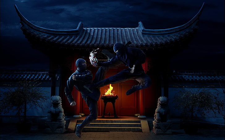 dos fondos de pantalla digitales de lucha ninja, ninjas, guerrero, arte de fantasía, Fondo de pantalla HD