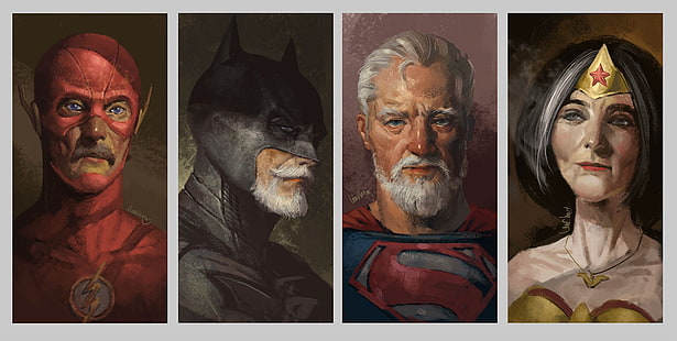 diverse superhjältar illustration collage, DC Flash, Superman, Wonder Woman och Batman collage fotografi, konstverk, superhjälte, Batman, Superman, Wonder Woman, The Flash, Flash, gamla, gamla människor, HD tapet HD wallpaper