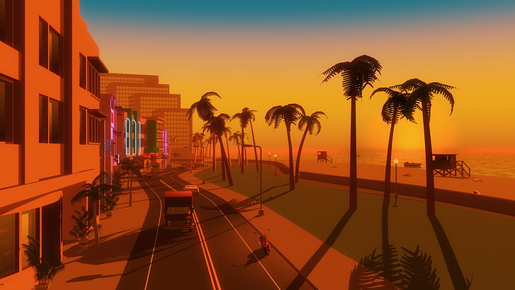 Sunset, Sea, Beach, Miami, The city, Neon, Street, Machine, Graphics, Electronic, Vice City, Synthpop, Retrowave, Synthwave, Synth pop, Washington Beach, HD wallpaper