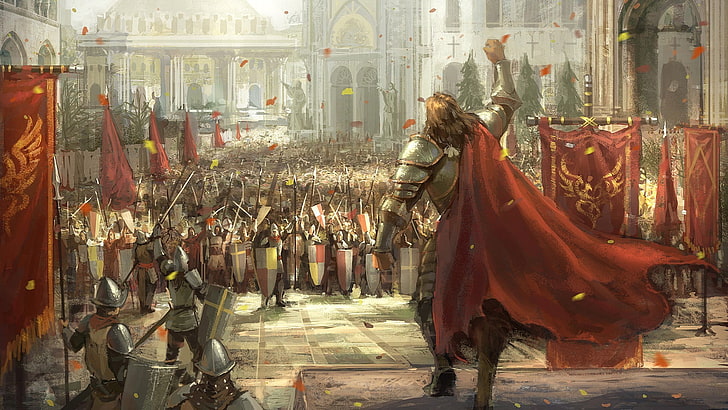 man wearing knight armor and red cape raising fist in front of soldiers digital wallpaper, army, shield, fantasy art, knight, artwork, digital art, warrior, armor, cape, soldier, banner, statue, weapon, sword, spear, HD wallpaper