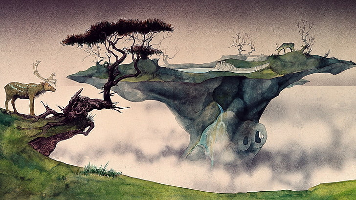 ilustracja brązowy łoś i drzewo, fantasy art, sztuka cyfrowa, pływająca wyspa, natura, zwierzęta, jeleń, drzewa, mgła, jezioro, malarstwo, akwarela, tusz, Roger Dean, Tapety HD