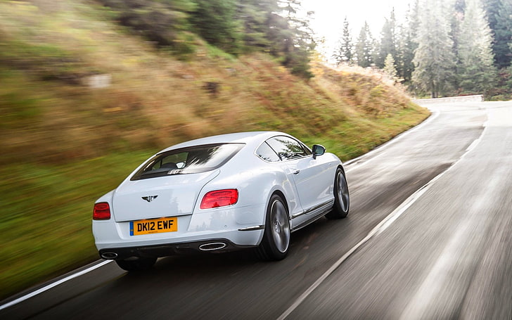 white coupe, bentley, continental, gt, white, cars, traffic, rear view, HD wallpaper