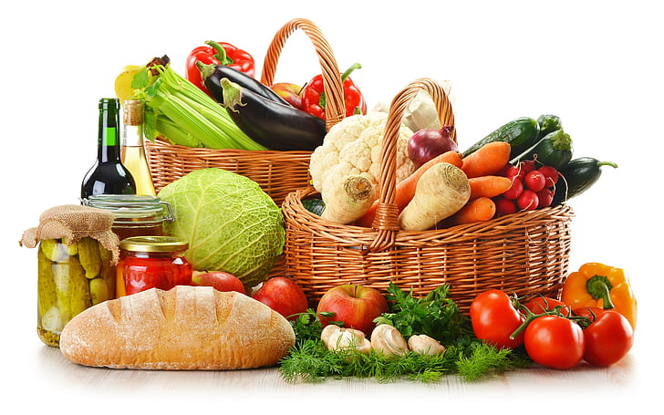 Only Healthy Foods, veggies, food box, bread, vegetables, wine, HD wallpaper