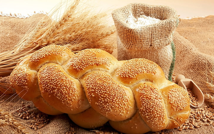 braided bread, bread, sesame, bag, flour, grain, wheat, ears, HD wallpaper