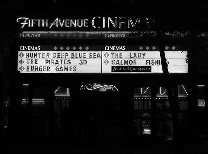 Vancouver Theatres, Fifth Avenue Cinema signage, Black and White, City, White, Black, Canada, Vancouver, british columbia, Monochrome, Neon, theatre, HD wallpaper