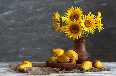 Fotografi, stilleben, skål, päron, solros, vas, gul blomma, HD tapet HD wallpaper