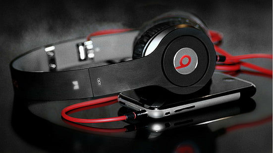 Beats by Dr. Dre HD, black beats solo headphones and space gray iphone 5s with case, beats, dr. dre, headphones, iphone, red, HD wallpaper HD wallpaper