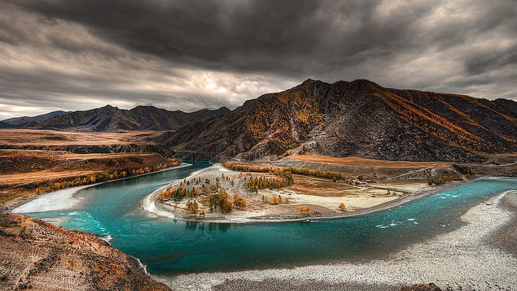 Altai, autumn, river, trees, mountains, dusk, Altai, Autumn, River, Trees, Mountains, Dusk, HD wallpaper