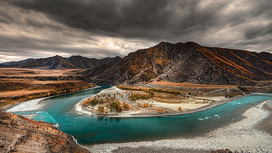 Altai, autumn, river, trees, mountains, dusk, Altai, Autumn, River, Trees, Mountains, Dusk, HD wallpaper HD wallpaper