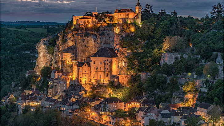 castle, historical, countryside, city, building, europe, unesco world heritage site, evening, france, rocamadour, medieval architecture, village, mountain village, tourist attraction, sky, landmark, nature, HD wallpaper