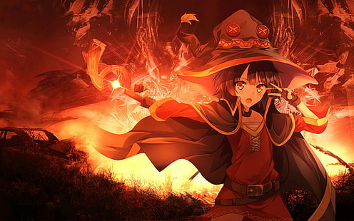 Anime, Anime Mädchen, rot, Megumin, Kono Subarashii Sekai ni Shukufuku wo !, Feuer, rote Augen, Fankunst, weiße Haut, HD-Hintergrundbild HD wallpaper