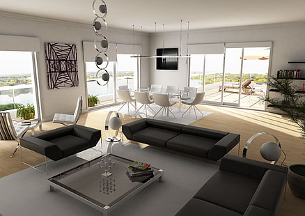 черный 3-х местный диван и квадратный прозрачный стеклянный журнальный столик, в помещении, дизайн интерьера, HD обои HD wallpaper
