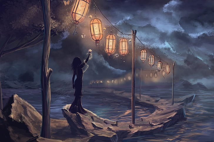 kobieta stojąca w pobliżu zbiornika wodnego, fantasy art, sztuka cyfrowa, grafika, kobiety, latarnia, morze, skała, chmury, drzewa, ciemność, światła, Tapety HD