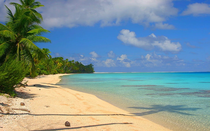 синий и белый абстрактная живопись, природа, вода, пейзаж, тропический, остров, пляж, белый, песок, пальмы, море, облака, бирюза, HD обои