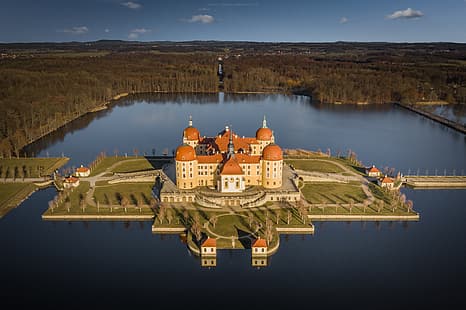 Wald, See, Schloss, Insel, Deutschland, Sachsen, Moritzburg, Schloss Moritzburg, HD-Hintergrundbild HD wallpaper
