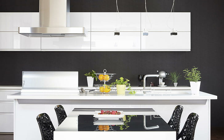 Kitchen design, white kitchen island, photography, 1920x1200, table, kitchen, cabinet, HD wallpaper