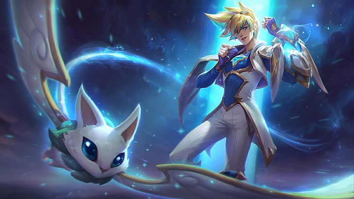 anime character in white and blue suit with winged pet artwork, League of Legends, Star Guardian, anime, stars, shooting stars, Ezreal, Ezreal (League Of Legends), HD wallpaper
