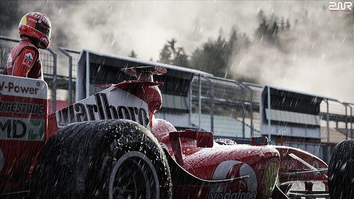 Wyścigi, F1, Ferrari, Michael Schumacher, Samochód wyścigowy, Deszcz, Tapety HD