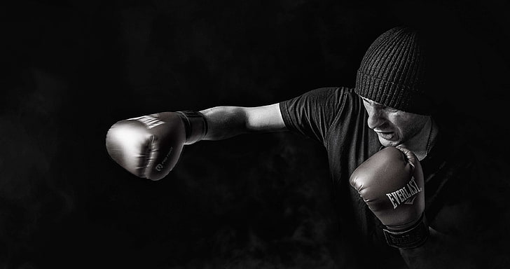 adult, athlete, black and white, bonnet, boxer, boxing, dark, fight, fighter, force, gloves, male, man, person, power, smoke, sport, strength, training, HD wallpaper