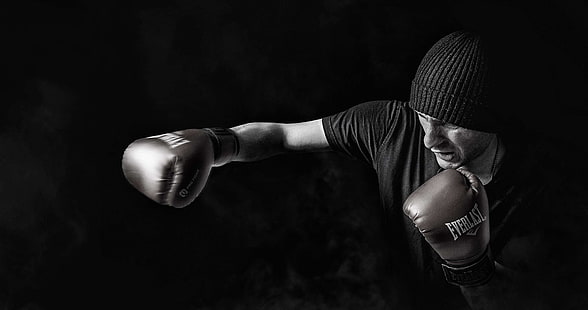 adult, athlete, black and white, bonnet, boxer, boxing, dark, fight, fighter, force, gloves, male, man, person, power, smoke, sport, strength, training, HD wallpaper HD wallpaper