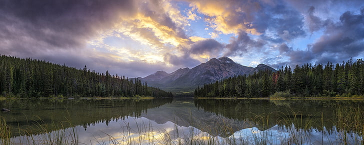 panorama, sjö, berg, natur, himmel, Jasper National Park, Kanada, landskap, skog, moln, träd, reflektion, vatten, HD tapet
