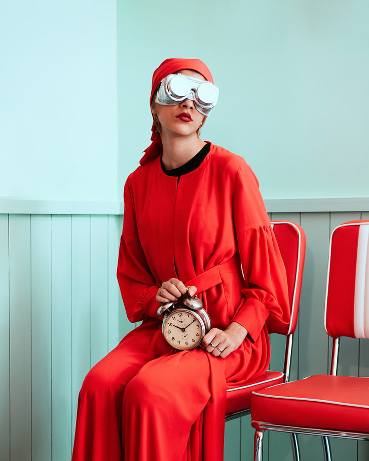 women's red long-sleeved maxi dress, girl, fashion, creative, attire, alarm clock, glasses, time, red, HD wallpaper